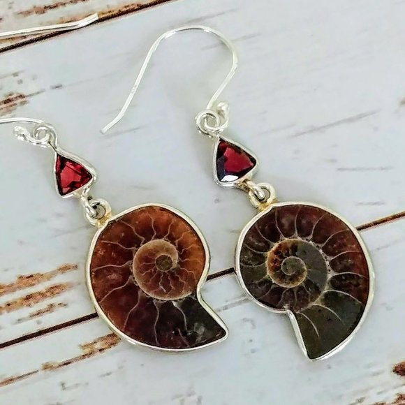 Jewelry - Ammonite Fossil & Garnet Sterling Earrings